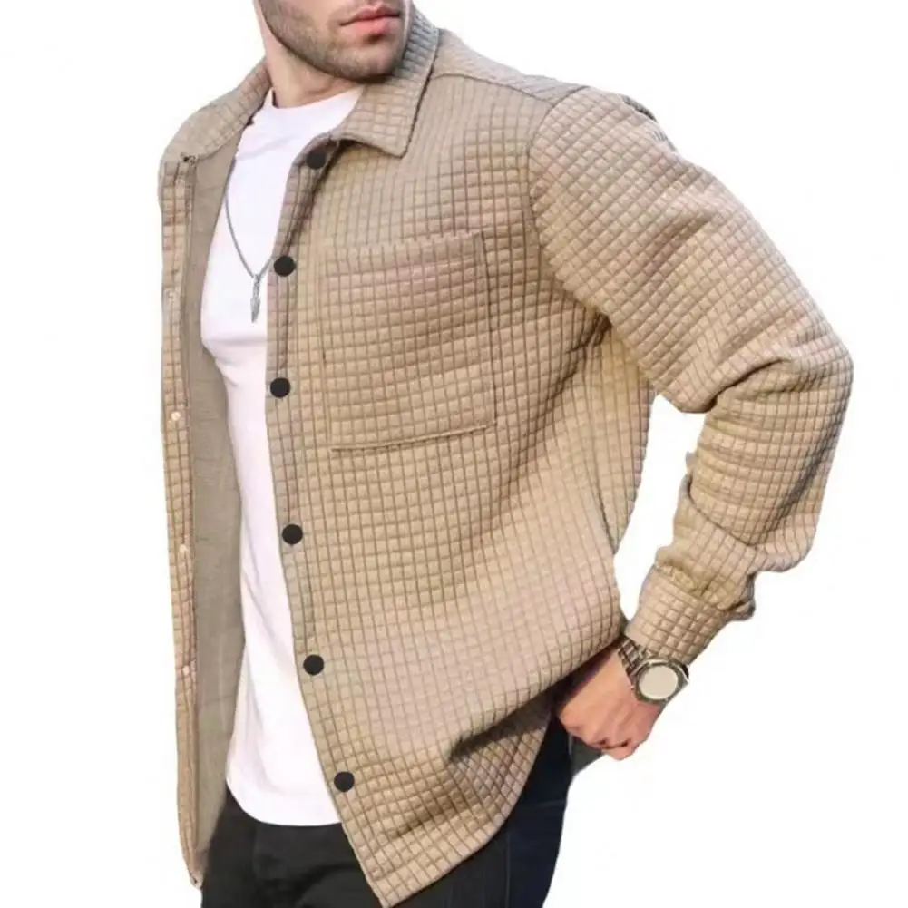 Men Spring Coat Long Sleeve Turn-down Collar Patch Pocket Loose Soft Breathable Cardigan Single-breasted Men Shirt