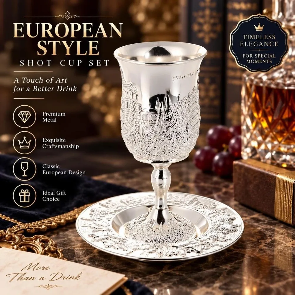 Practical Zinc Alloy Kiddush Cup Set with Tray European Style Wine Cup Set Elegant Silver Ceremonial Cup Set Wedding Ceremonies