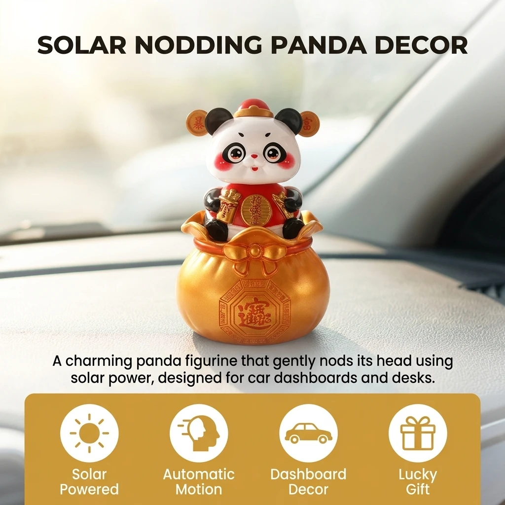 1pc Solar Powered Panda Figurine Car Dashboard Lucky God of Wealth Ornament Automatic Nodding Panda Decoration Crafts