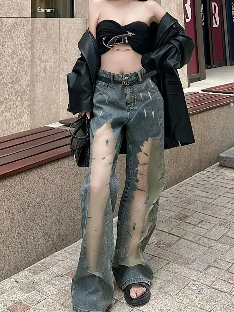 Jeans Women Fashion Lace Patchwork Embroidery Vintage Loose Women Jeans Pants