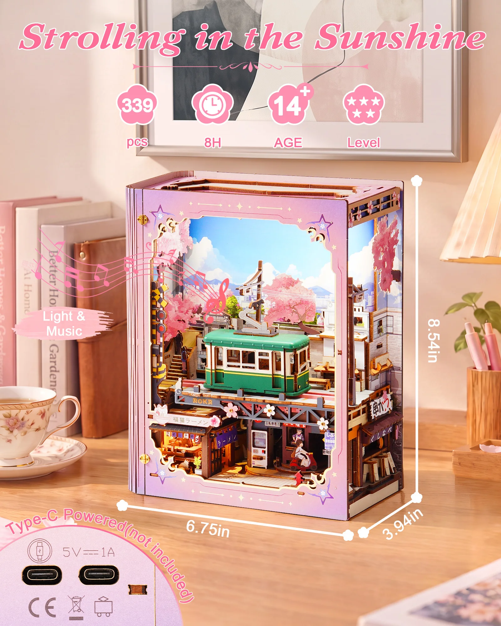 ROKR Wooden Bookends 3D Puzzle - Strolling in The Sunshine DIY Book Nook Craft Kit with LED Light for Bookshelf Decor 90° Openable Cherry Blossom Tram Ideal Holiday Gift