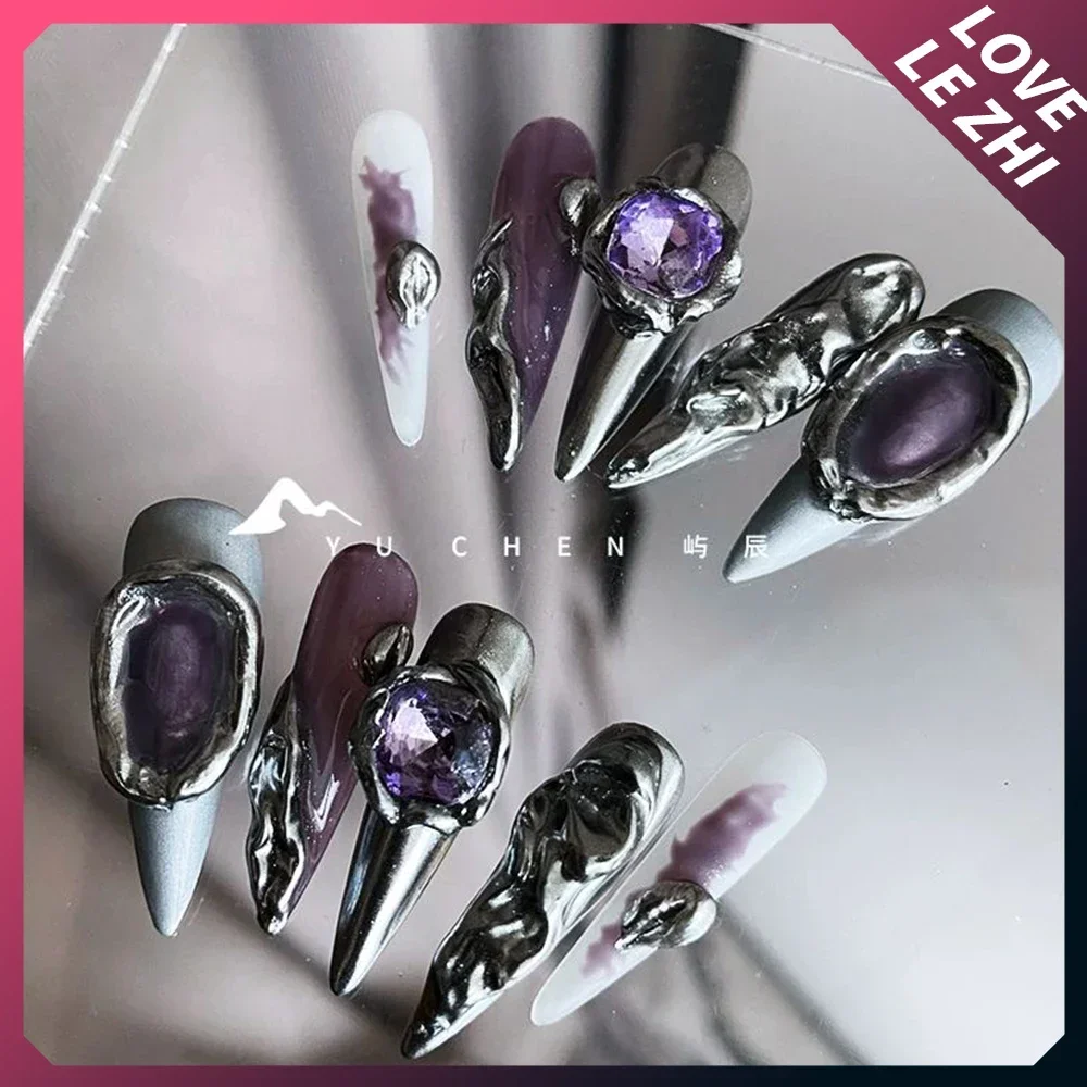 Handmade Gothic Fake Nails Dark Punk Butterfly Full Stiletto Long Pointed Shape Fake Nails Cover Women Almond Press On Nails
