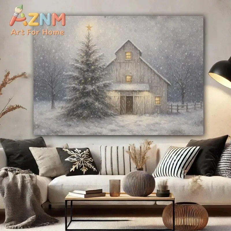 Rustic Winter Barn Canvas Wall Art Unframed Snowy Farmhouse Print Christmas Tree Star Warm Light Scene Poster Country Home Decor