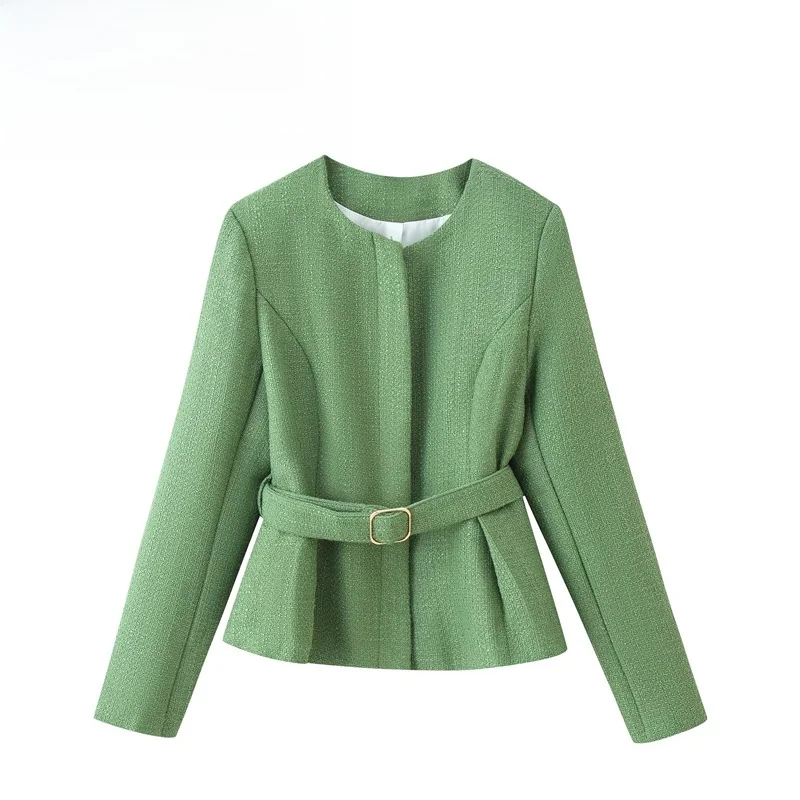 Fashionable Belted Jacket Coat Coarse Weave Versatile Style Women's Premium Polyester Fiber Long Sleeve Short Coat