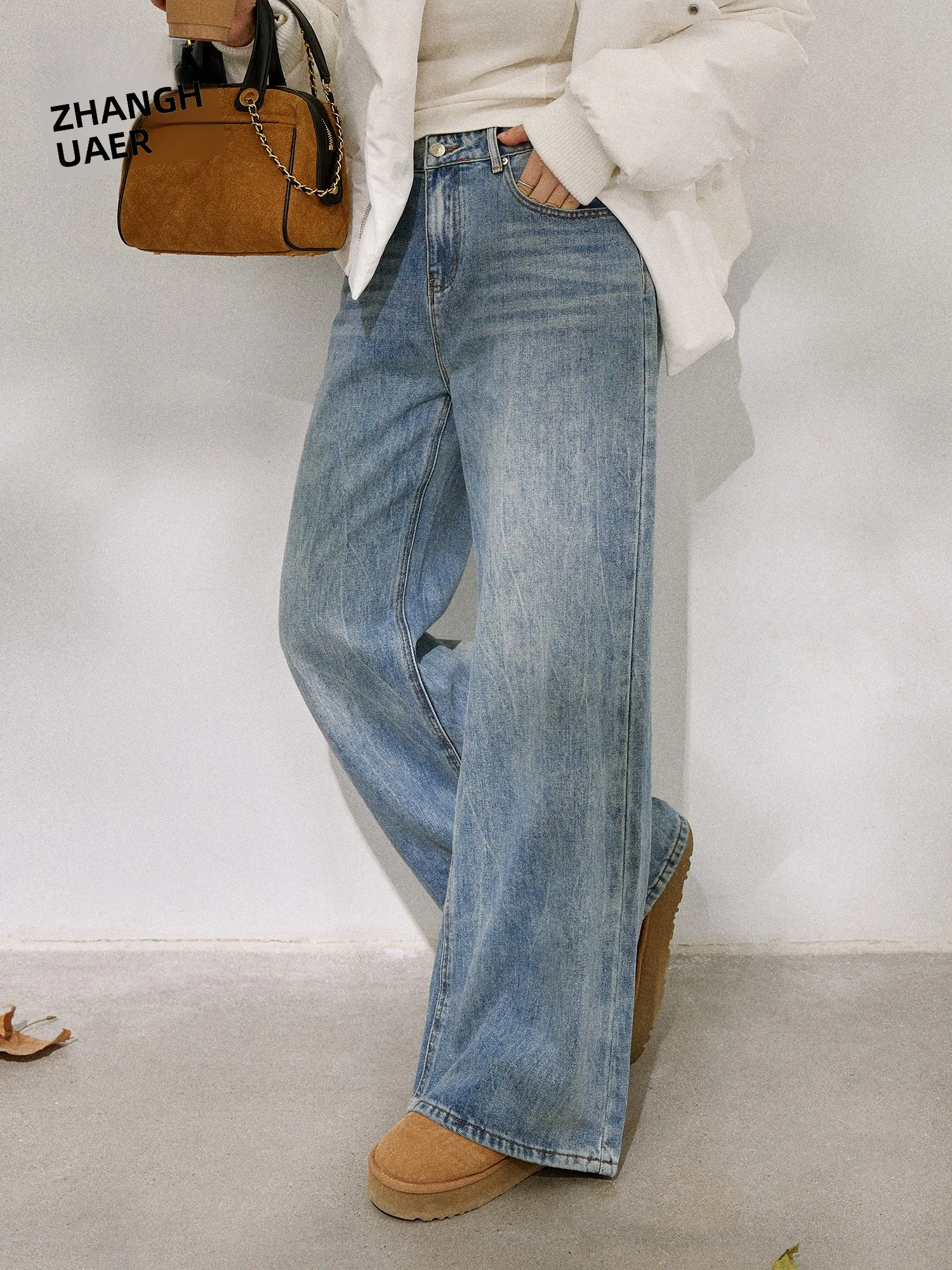 

High Waist Straight Leg Jeans plus Size Women's Fashion Korean Style Padded Slimming Washed out Denim Pants for plus Size Ladies