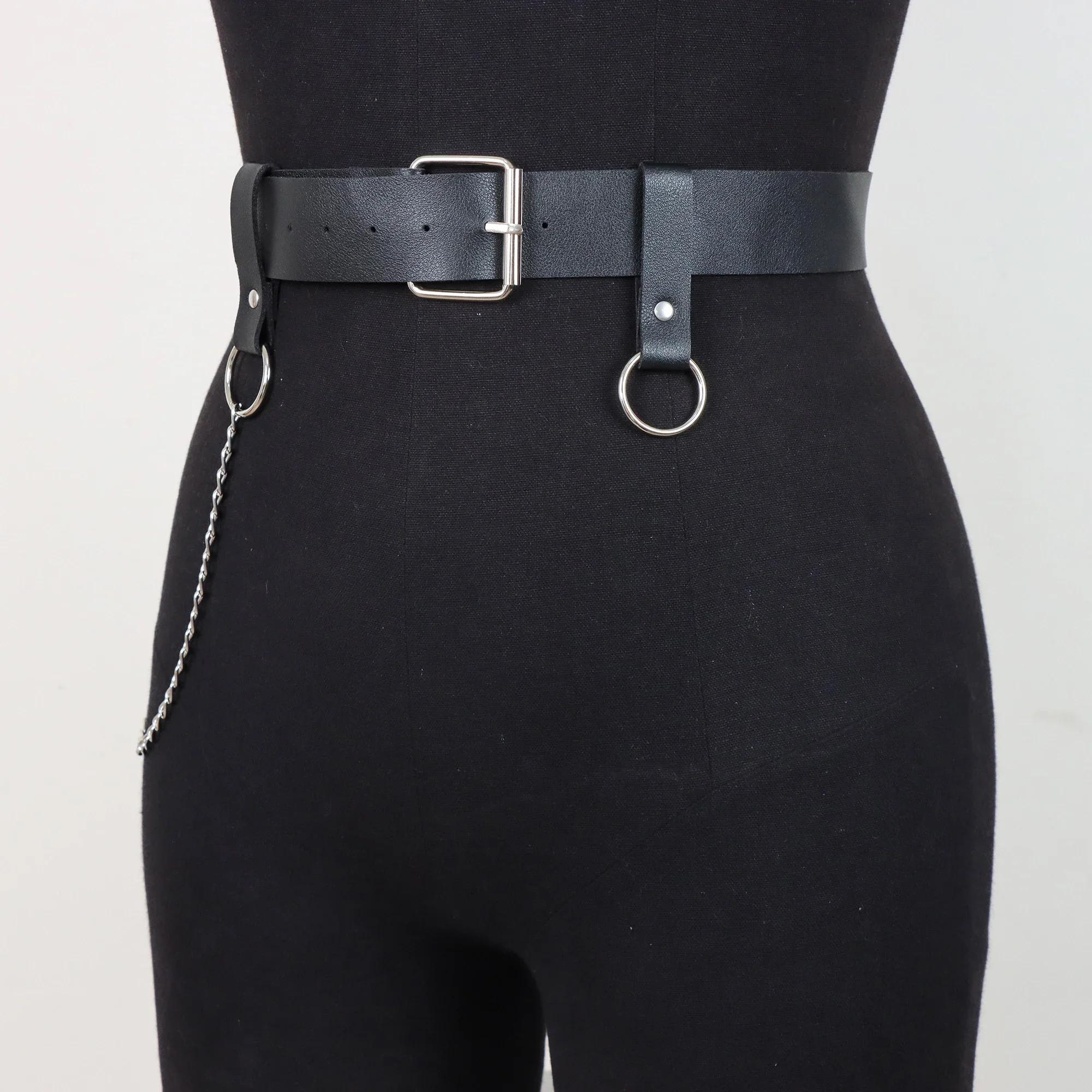 Chic Lady Club Women Gothic Punk Waist Belt Metal Circle Ring Design Silver Pin Buckle Leather Black Waistband Jeans Waist Belts