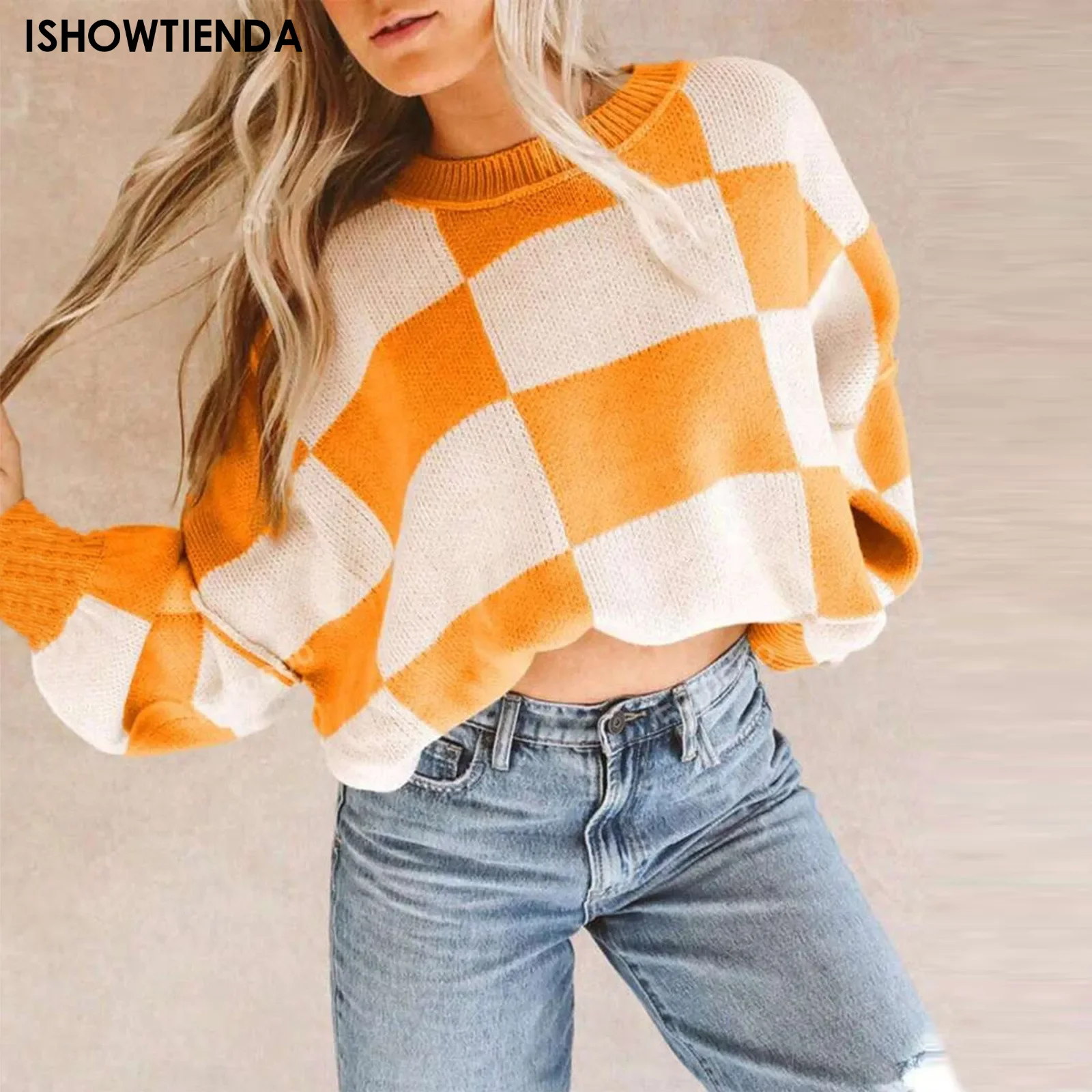 Women Checkerboard Knitted Sweater Autumn Korean Casual Warm Loose Long Sleeve Top Female Streetwear All Watch Jumper New