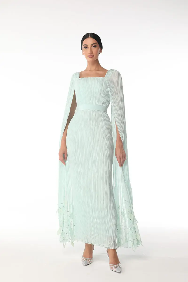 

ROSELLA Square Collar Womens Dresses Beaded Cape Sleeve 2023 فساتين السهرة Pleated Tea Length Straight Chiffon Dresses for Prom