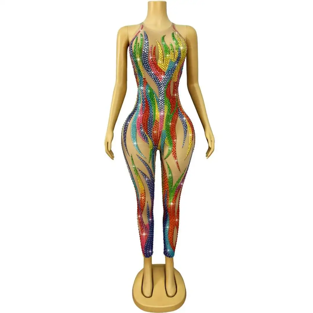 Sparkly Rhinestones Jumpsuit for Women Sexy See Through Birthday Celebrate Club Outfit Singer Dancer Performance Dance Costume