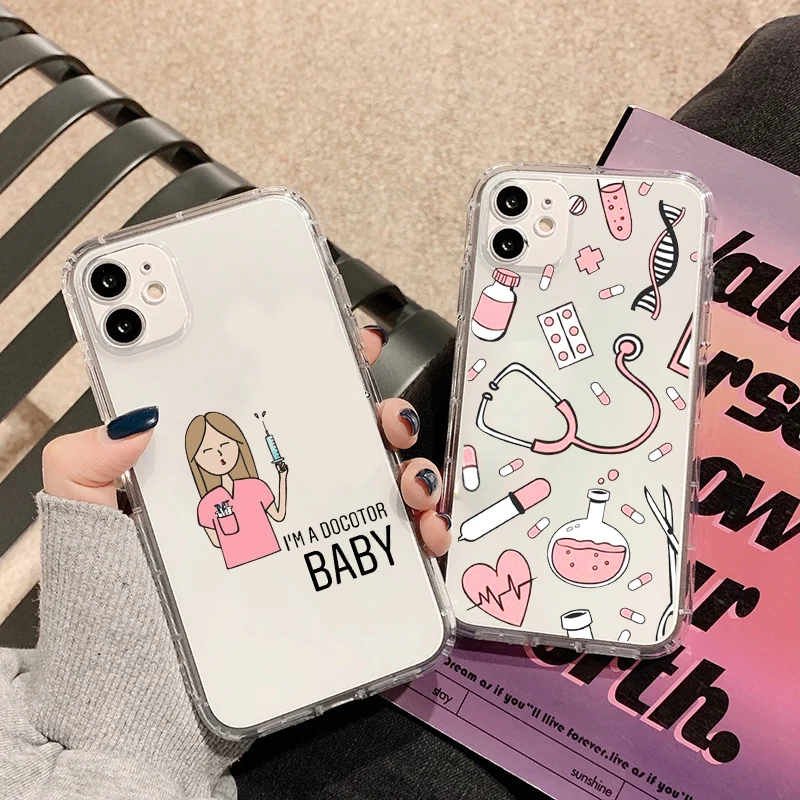 Transparent Phone Case for IPhone 15 Pro Max 12 11 XS XR SE2 7 8 14 Plus 13 Mini Cartoon Nurse Doctor Medicine TPU Covers Fundas