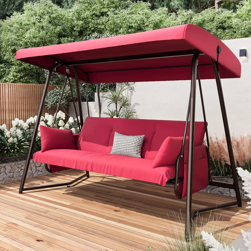 2-in-1 Outdoor Swing Bed with Adjustable Backrest Canopy 800 lbs Capacity Patio Swing Chair with Stand Cushions Pillows