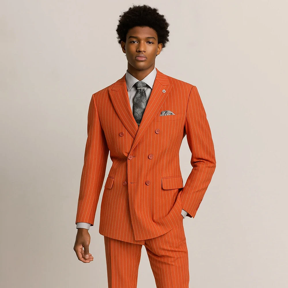 Chic Orange Men Pinstripe Suit Double Breasted Graduation Gentleman 2 Piece Set Slim Fit Jacket Pants Formal Prom Party Outfit