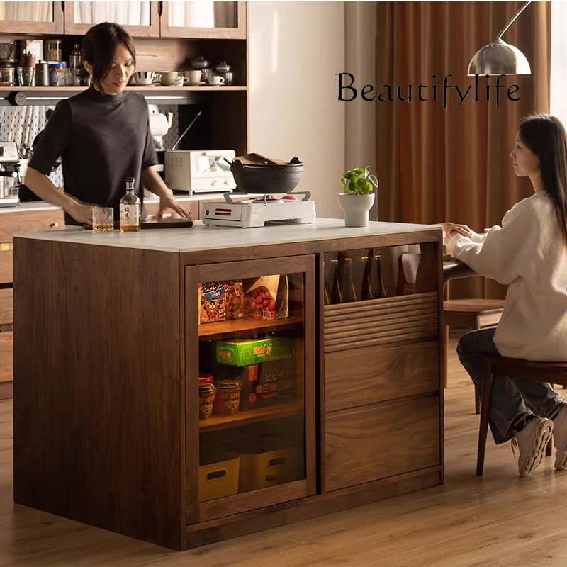 Black Walnut Stone Plate Kitchen Island Bar Counter Nordic  Integrated Retractable Kitchen Counter Dining Side Display Cabinet