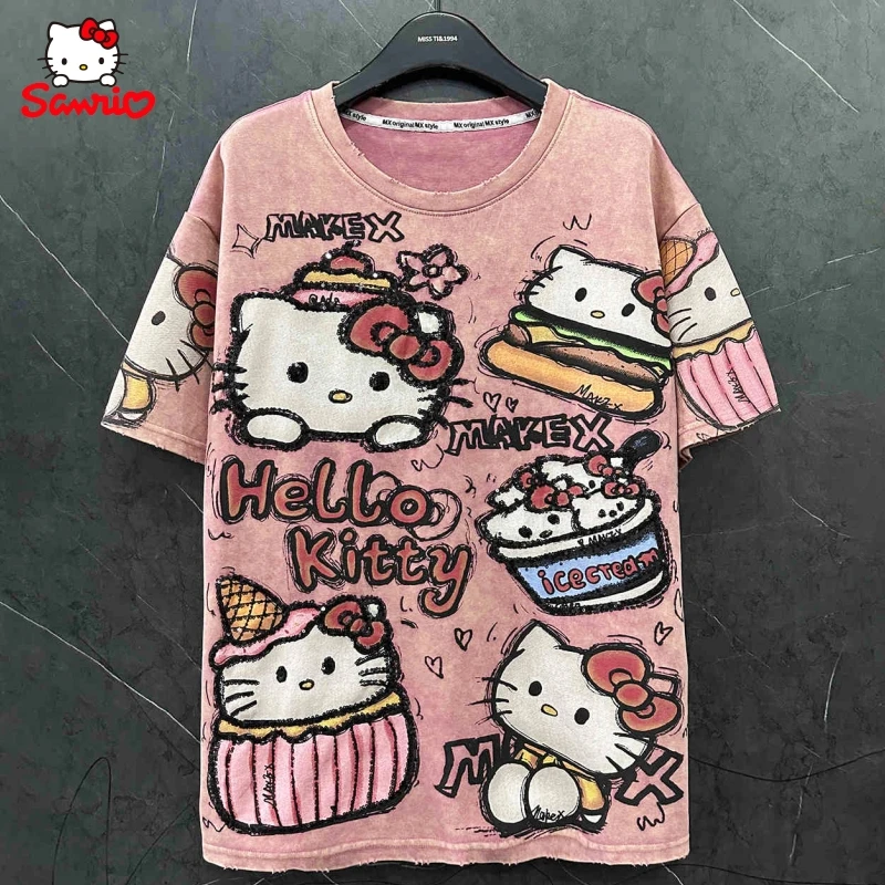 

Hello kitty Spring Summer Print T Shirt Women Kawaii Sanrioed Sweet Tops Black Short Sleeve Woman T-Shirt Streetwear Clothing