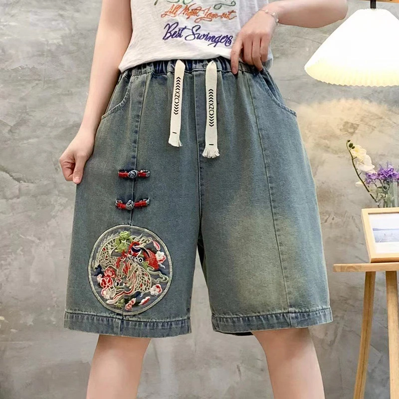 Women Summer Chinese Style Thin Simplicity Loose Embroidered High Waist Jeans Women Clothes Casual All-match Frog Quarter Shorts