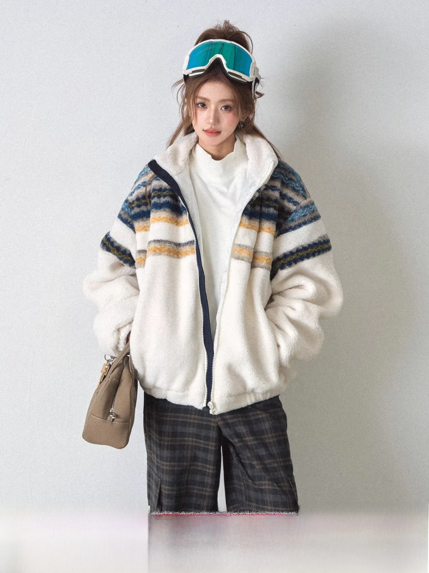 

Thiened Jaet из меха ягненка, женское пальто с воротником-стойкой, теплая повседневная ткань из полиэстера с боковой застежкой-молнией