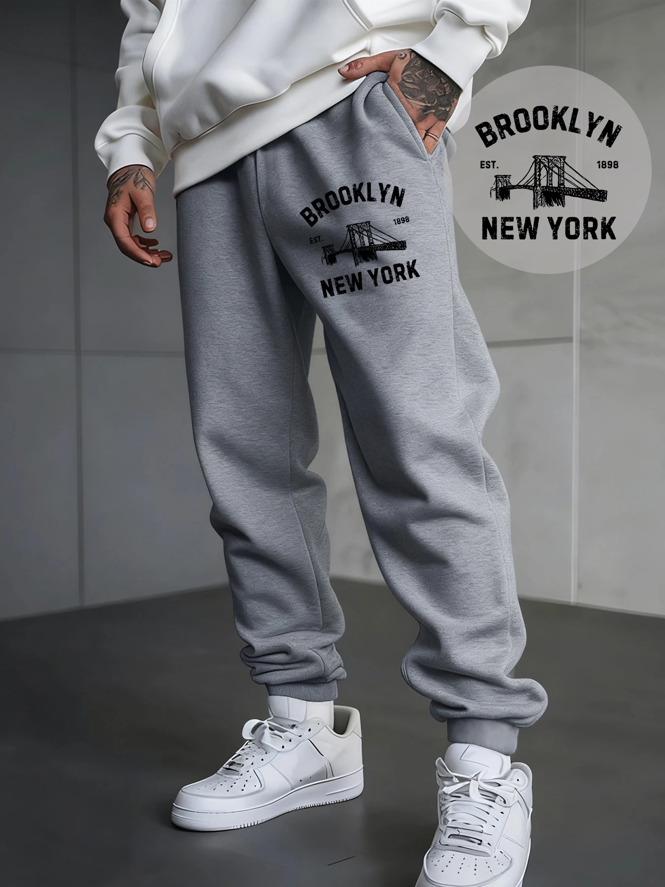 

Brooklyn New York Letter Print Men Sweatpants Drawstring Pocket Trousers Casual Fashion Pant Autumn Fleece Man Sportpant