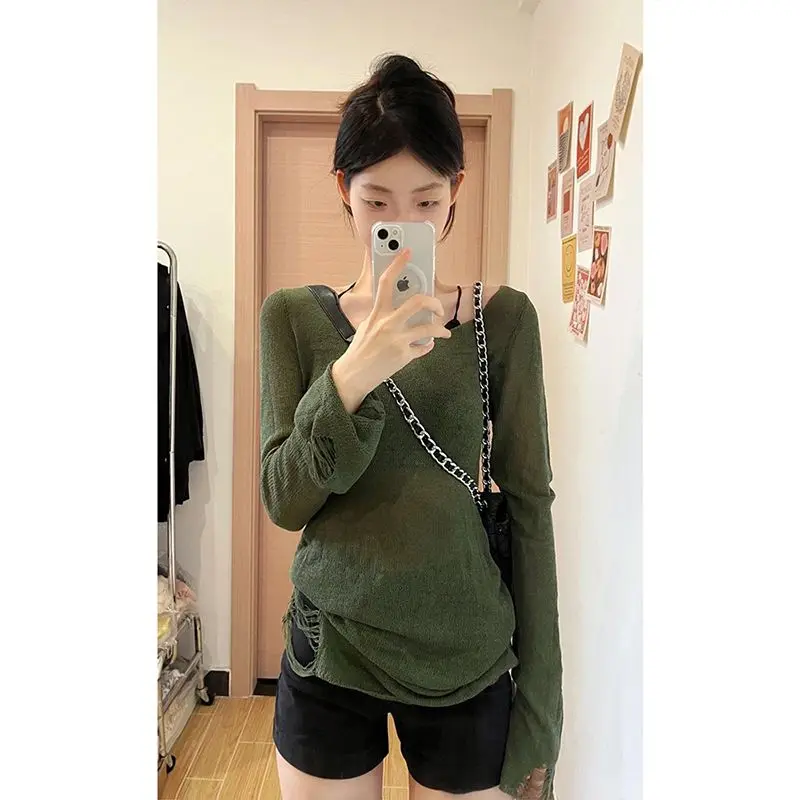 Deeptown Y2k Vintage Green Sweater Women Kpop Gyaru Knitted Jumper Korean Fashion Slim Sexy Knitwear Distressed Grunge Pullover