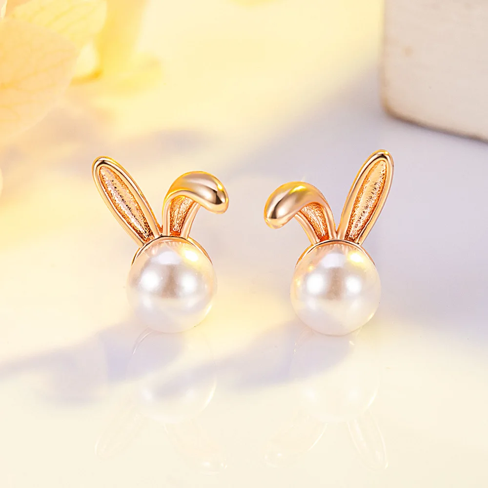 

Charming 925 Sterling Silver Cute Red-eared Rabbit Pearl Stud Earrings Fashionable Ladies Party Wedding Jewelry