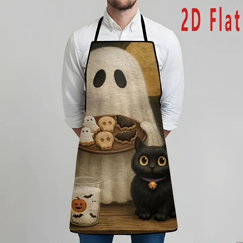 1pc Halloween and Black Cat Pattern Apron - 2D Flat Print, Household Kitchenware, Washable and Reusable, Perfect for Cooking