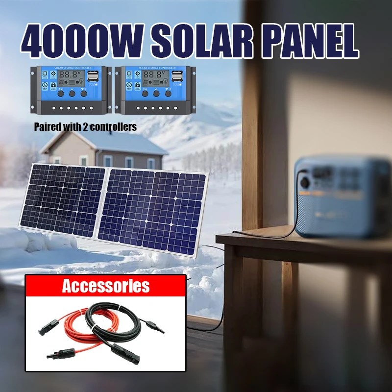 4000W 2Pcs Solar Panel Kit + Dual 100A Controllers PV Wire For RV Camping Outdoor Off Grid Power Supply