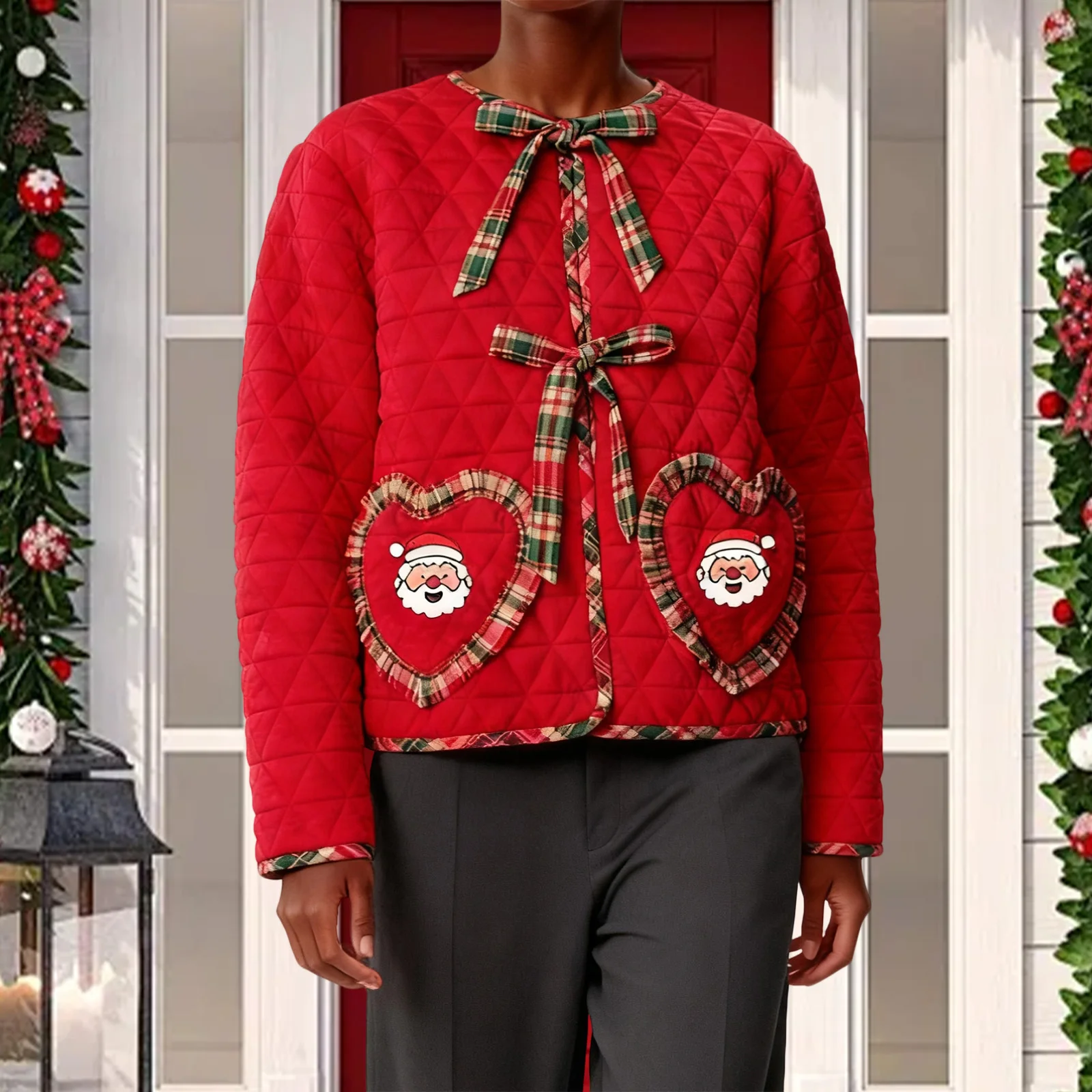 Christmas Women Quilted Jacket Festive Santa Claus Embroidery Long Sleeve Outerwear with 2 Heart Pockets