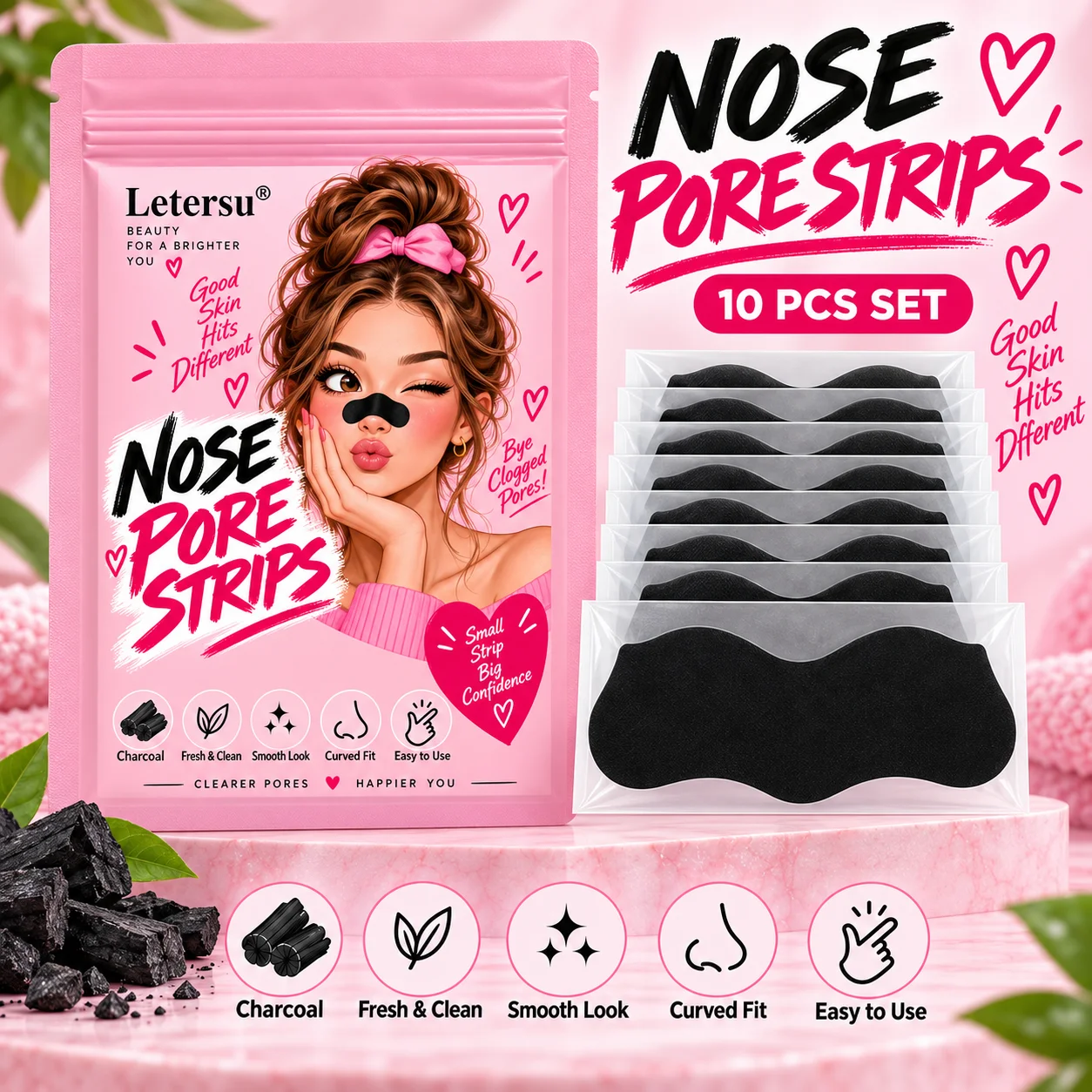 10PCS Charcoal Nose Pore Strips, Blackhead Remover Nose Patches, Deep Cleansing Oil Control Curved Fit for Men Women