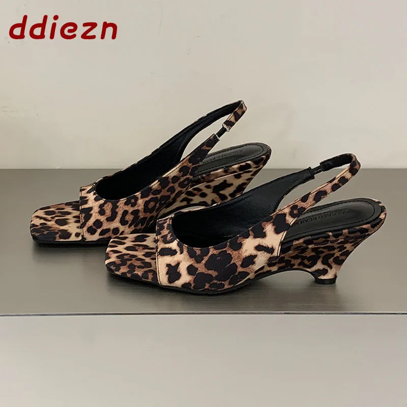 

New Leopard Pattern Fashion Silk Ladies Wedge Sandals Slides Shallow Female Slip On Shoes Elegant Women Heeled Sandals Shoes