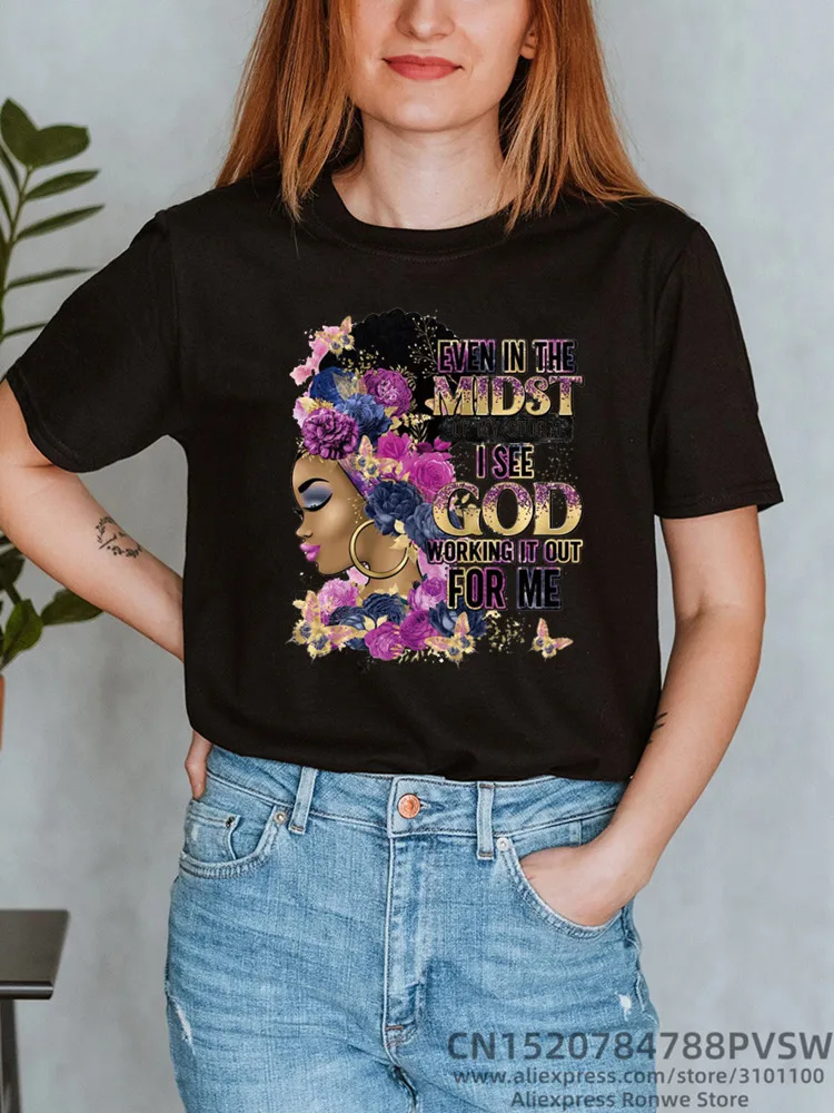 

Black Queen Butterfly Women Print T-shirt Girl Summer Y2K Tops Even In The Midst Of My Storm I See God Working It Out For Me