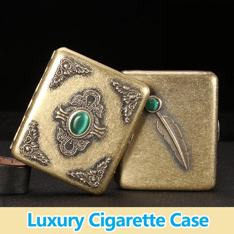 Vintage Relief jade Capacity 20pcs Cigarette Storage Case Pocket Metal Cigarettes Holder Vintage Relief Feather Men\'s Gifts Boxs