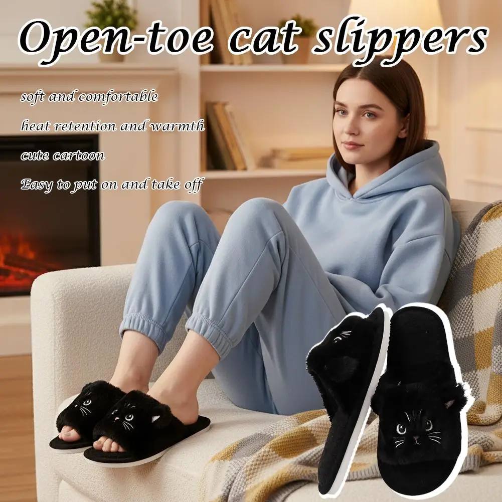 Faux Fur Cat Home Slippers for Couple Winter 2026 Warm Plush Soft Sole House Shoes Woman Plus Size 36-45 Non Slip Indoor Slides