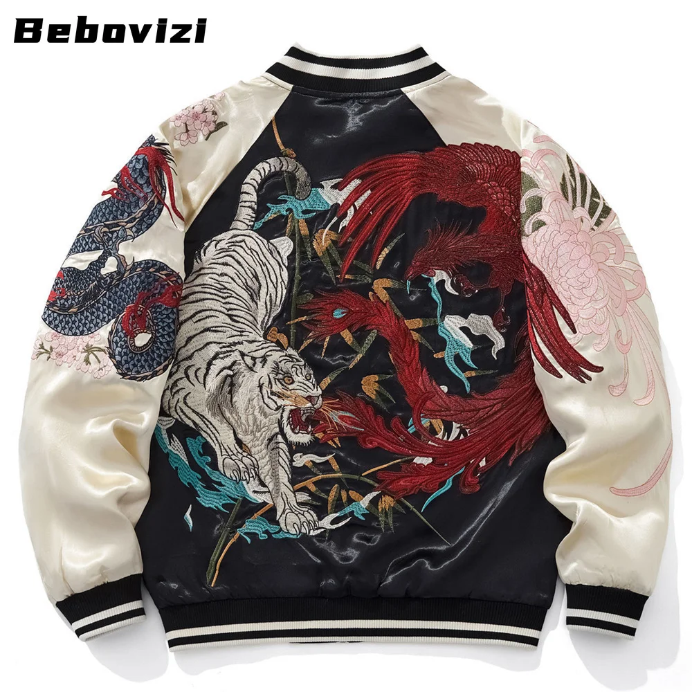 High Quality Fashion Dragon Tiger Embroidered Zipper Jacket Streetwear Hip Hop Men's Harajuku Yokosuka Japanese Baseball Coat