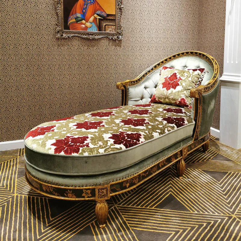 French luxury solid wood with gold leaf dark green red and green color collision embroidery sofa chaise longue European