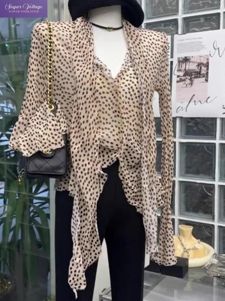 

French Fashion Y2K Vintage Elegant Tops Women Loose Fit Flare Sleeve Polka Dot Lace-Up Shirts Office Lady Casual Thin Blouses