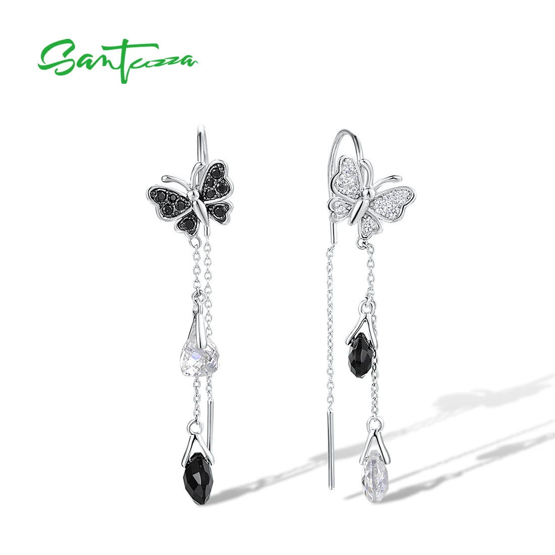SANTUZZA Pure 925 Sterling Silver Earrings For Women Sparkling White CZ Black Spinel Cute Butterfly Swing Thread Fine Jewelry
