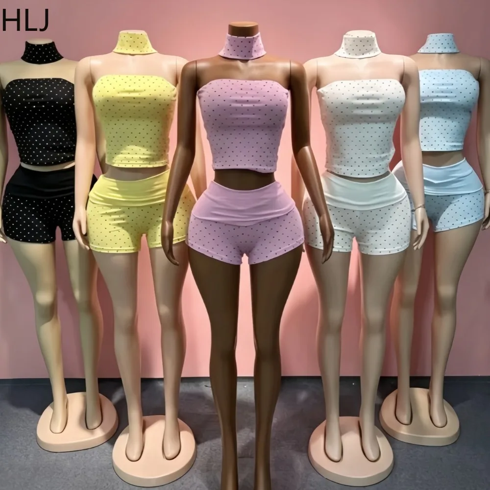 

HLJ Women Polka Dot 2 Piece Set Halter Neck Choker Tube Top + High Waist Shorts Y2K Summer Outfit Bodycon Casual Streetwear New