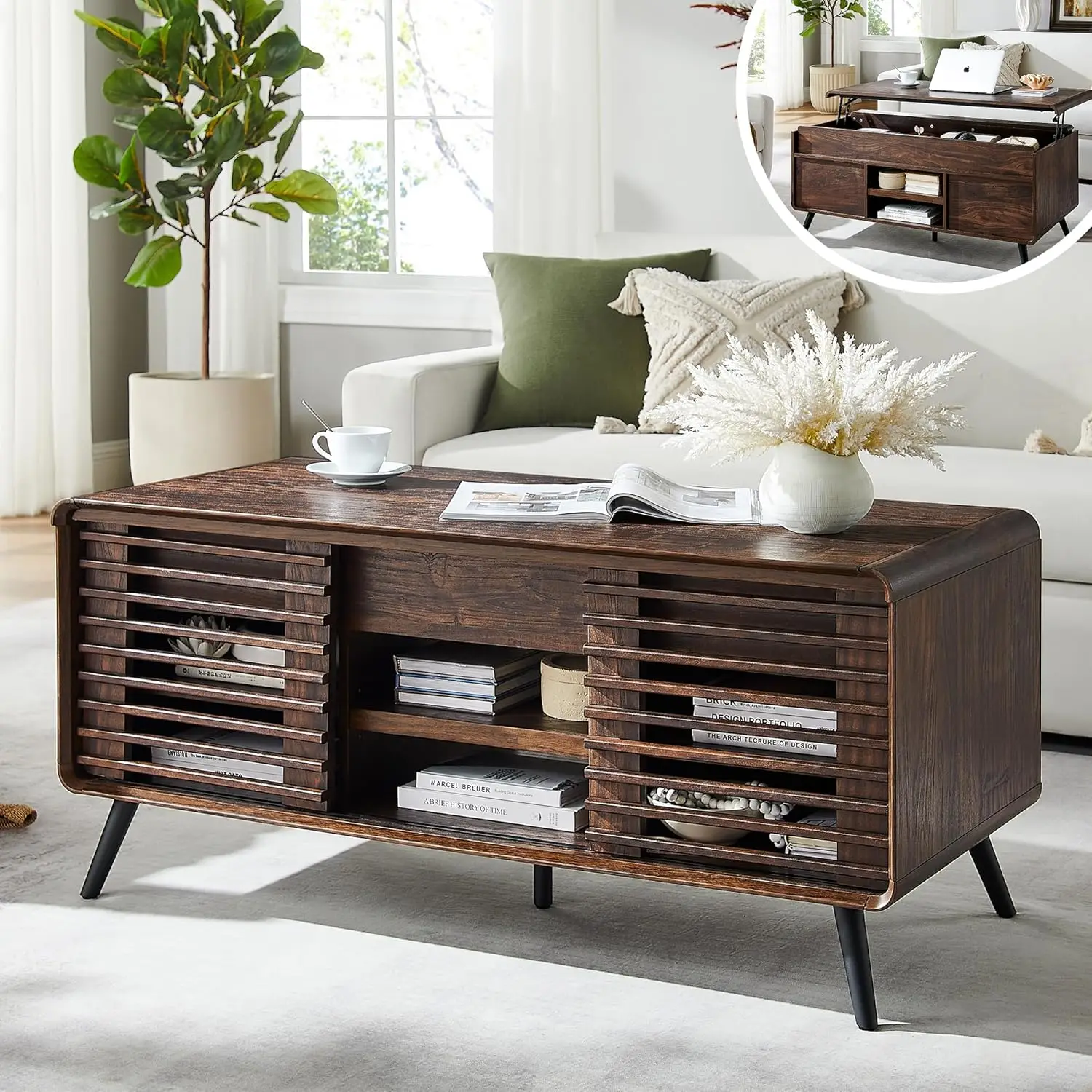

48" Lift Top Coffee Table with Slatted Sliding Door, Mid Century Modern Center Table with Hidden Storage, Customized
