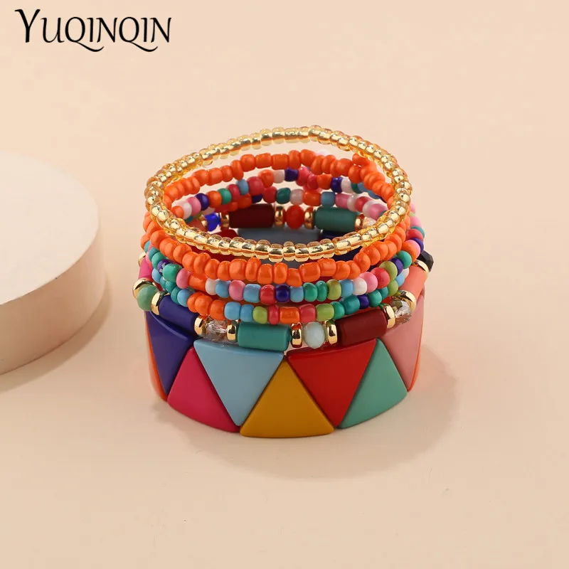 Trendy Acrylic Bohemian Bracelets Set for Women Men Multi-layer Seed Beads Chain Bracelet Bangles Charm Ladies Fashion Jewellery