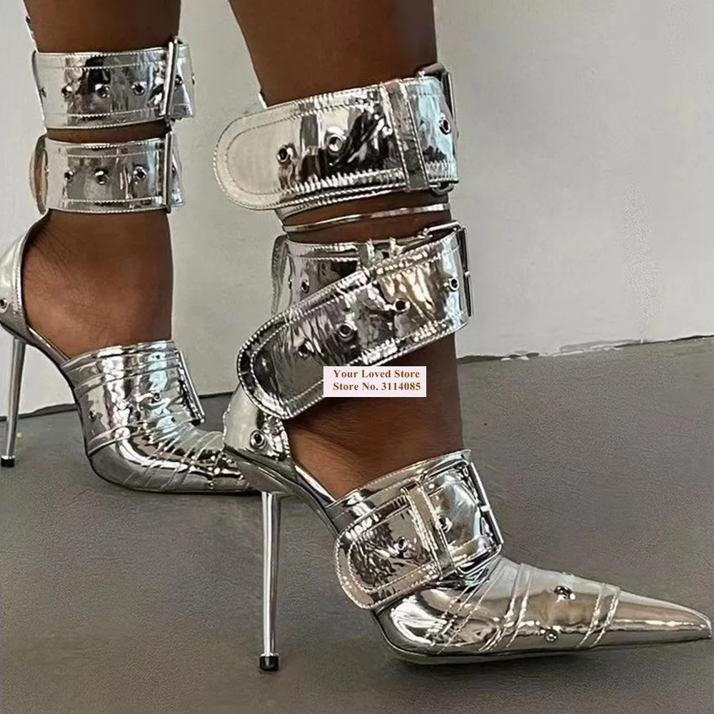 Botas hasta el tobillo con punta estrecha y tacón alto fino de Metal plateado para mujer, sandalias con hebilla y cinturón ancho, botines, zapatos vaqueros sexis