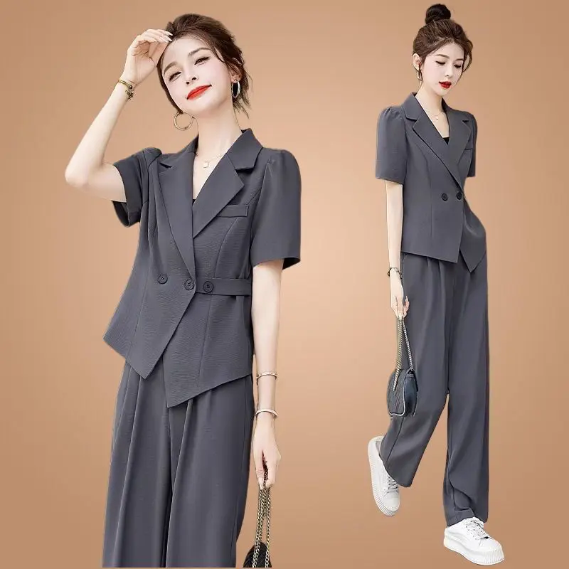 

Short Sleeve Suit Set For Women 2025 Summer New Elegant High-end Wide-leg Pants Thin Fashion Casual Two-piece Set Womens Clothes