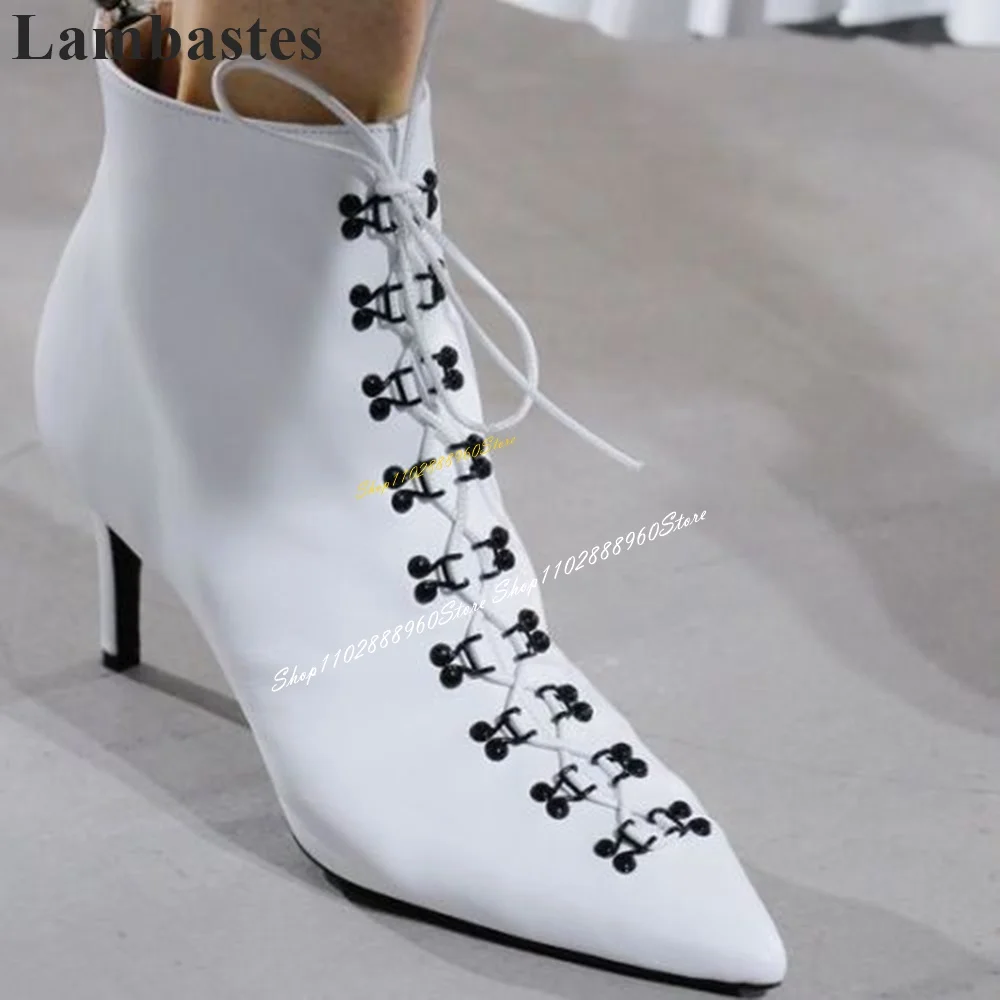 

Runway Trending Cross Tied White Ankle Boots Thin High Heel Women Shoes Lace Up Pointed Toe 2024 Fashionable Zapatos Para Mujere