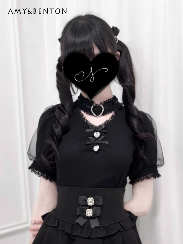 

Sweet Girl Rhinestone Heart Collar V-Neck Knitted Short Sleeve Top Japanese Mass-Produced Lace Patchwork Slim Shirts for Women