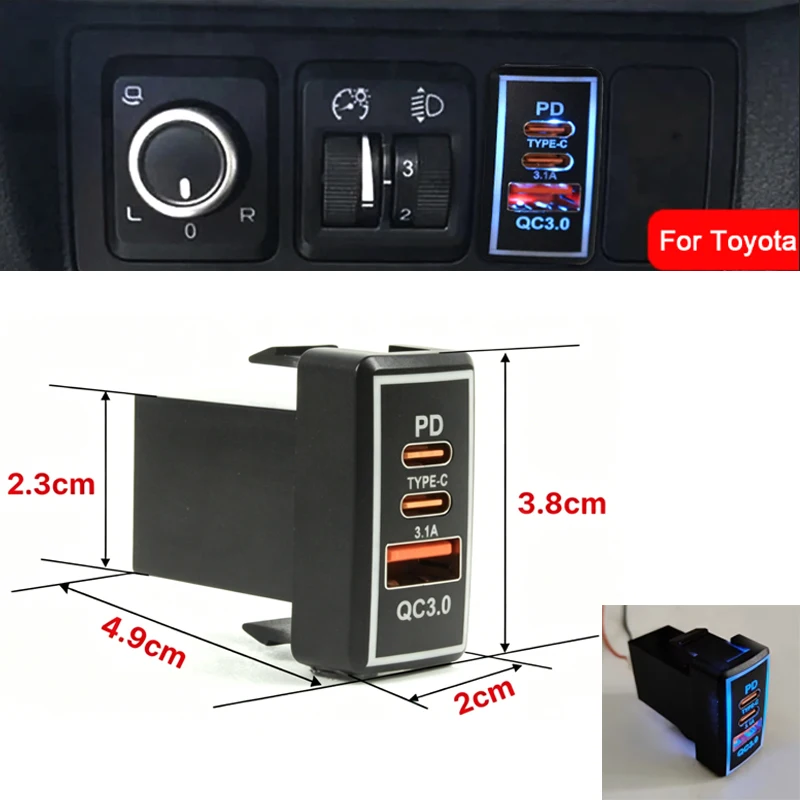 12V Car Charger PD QC3.0 USB Fast Charger Socket Blue Indicator LED Mobile Phone Charge Power Adapter Outlet For Toyota