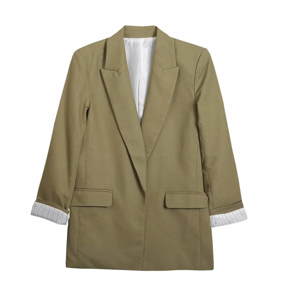 TRAF 2024 autunno nuovo prodotto cappotto da donna con colletto aperto a maniche arricciate in misto lino sciolto stile moda donna