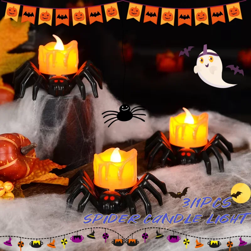 

3/1 шт., Хэллоуин, паук, тыква, свеча, светящаяся тыква, светодиодный светильник, дом с привидениями, реквизит ужасов, атмосфера Хэллоуина, украшение