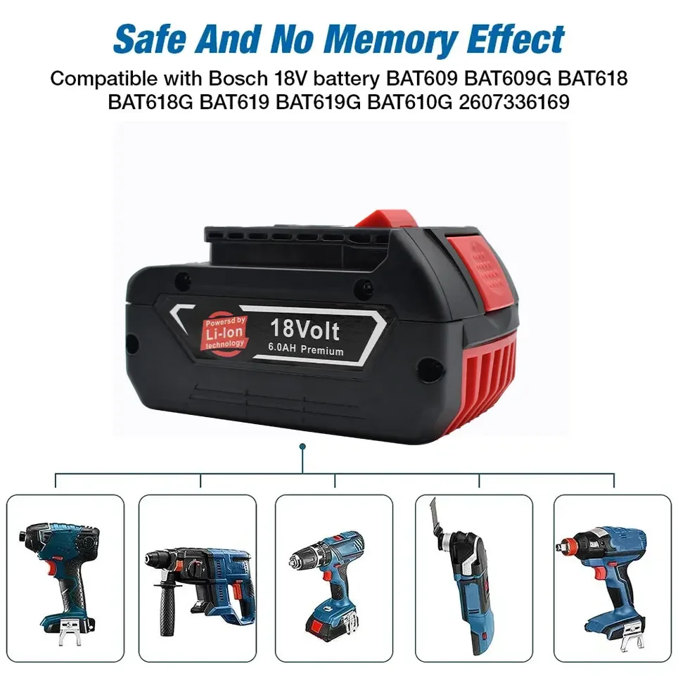 For Bosch 18V 6.0AH  Professional Lithium Battery Rechargeable Power Tool Battery for Bosch BAT609 BAT609G BAT618 BAT618G