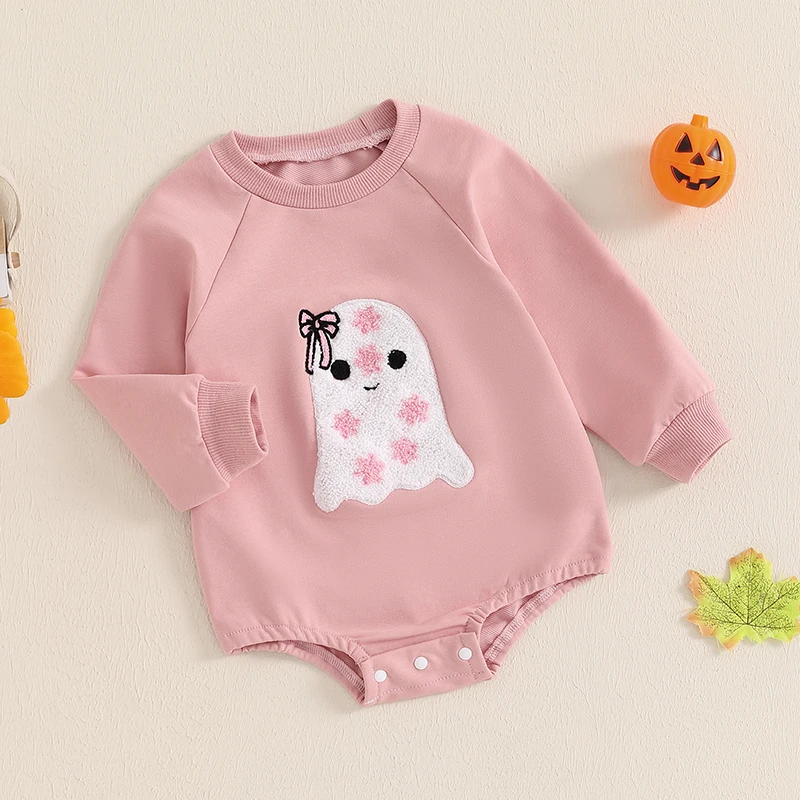 2024-06-19 Lioraitiin 0-18M Baby Halloween Casual Romper Long Sleeve O-Neck Ghost Embroidery Sweatshirt Romper for Fall Winter