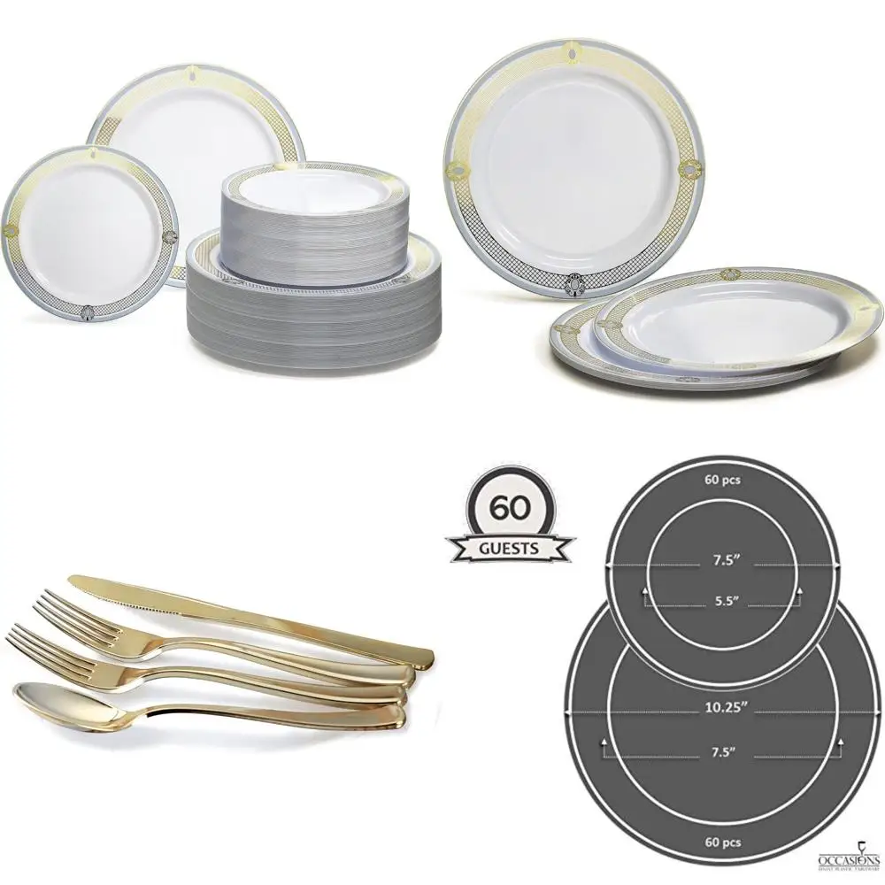 

Набор одноразовых пластиковых тарелок премиум-класса для 60 гостей — набор 120 тарелок для свадебной вечеринки с ужином 10,25 и 7,5 тарелками для салата