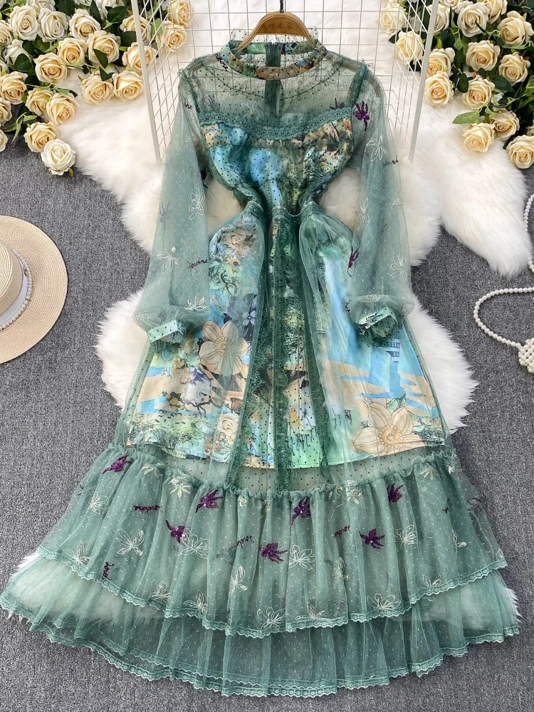 

French Vintage Dress O Neck Lantren Sleeve Flower Print Lace Patchwork Long Sleeve Spring Summer Elegant Design Women's Clothing