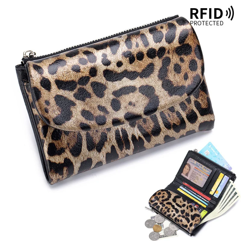 Western Leopard Print RDIF Blockig Cowhide Leather Women Wallet Fashion Large Capacity Card Holder Purse for Ladies